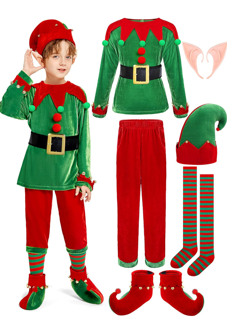 SOMSOC 7 Pack Kids Christmas Elf Costume Set Boys Velvet Elf Dress Up Santa's Helper Costume Xmas Festive Outfit, 8-10 Years