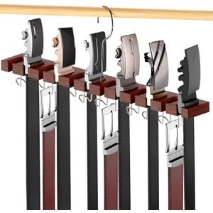 Cuipingoo Belt Hanger for Closet Max 42 Belts, 2-in-1 Wall Mount Belt Organizer with 360 Rotating Hooks, Wooden Tie and Belt Rack for Closet Accessories Organizers and Storage, Walnut Wood