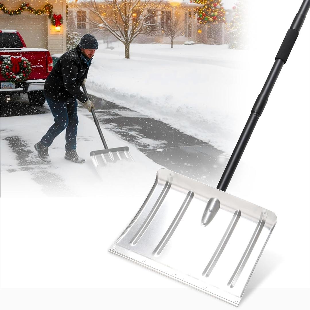 Snow Pusher Shovel for Driveway - 67" Ergonomic Snowplow Remover Push Shovels, Reinforced Aluminum Blade,Heavy Duty Wide Large Scoop for Snow Removal,Plow, Metal Shovel for Winter Driveway,Deck,Car