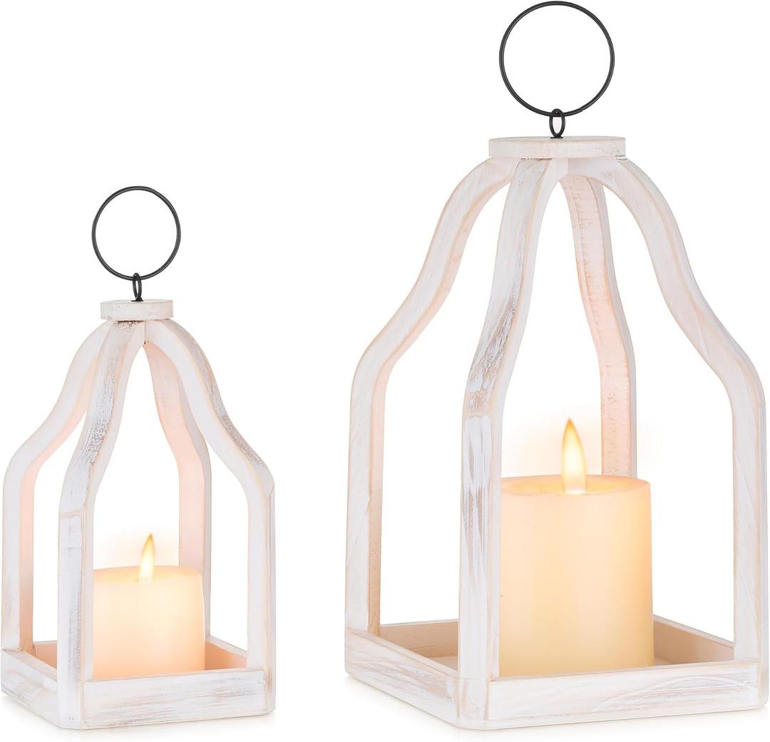 Wood Lanterns Decorative Indoor: Farmhouse Hanging Candle Holder Set of 2 Brown Table Centerpiece Fireplace Mantle Shelf 11" & 8" Rustic Home Decor Fall Ornaments Whitewashed (Washwhite)
