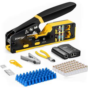 Ethernet Crimping Tool Kit RJ45 Crimp Tools,CAT5 Cat5e Cat6 RJ45 Crimping Tool Kit With Cable Tester, Multiply Stripper, Blades,50Pcs Cat 6 Pass Through Connectors and Strain Relief Boots