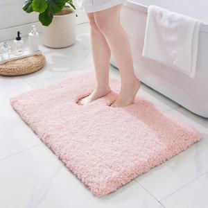 ILANGO Pink Bathroom Rugs 32" 20" Non Slip & Super Absorbent Extra Thick Soft, Washable Bath Mat for Floor, Microfiber Plush Shaggy Bath Rug with Rubber for Bathtub Shower Room Sink
