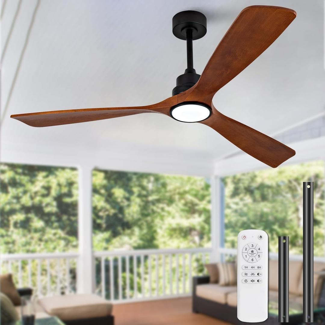 60 Inch Ceiling Fans with Lights and Remote Control, Dimmable LED Light, Modern 3 Blade Wood Ceiling Fan with Light for Indoor Outdoor Patio Living Room, Memory Function, Reversible DC Motor