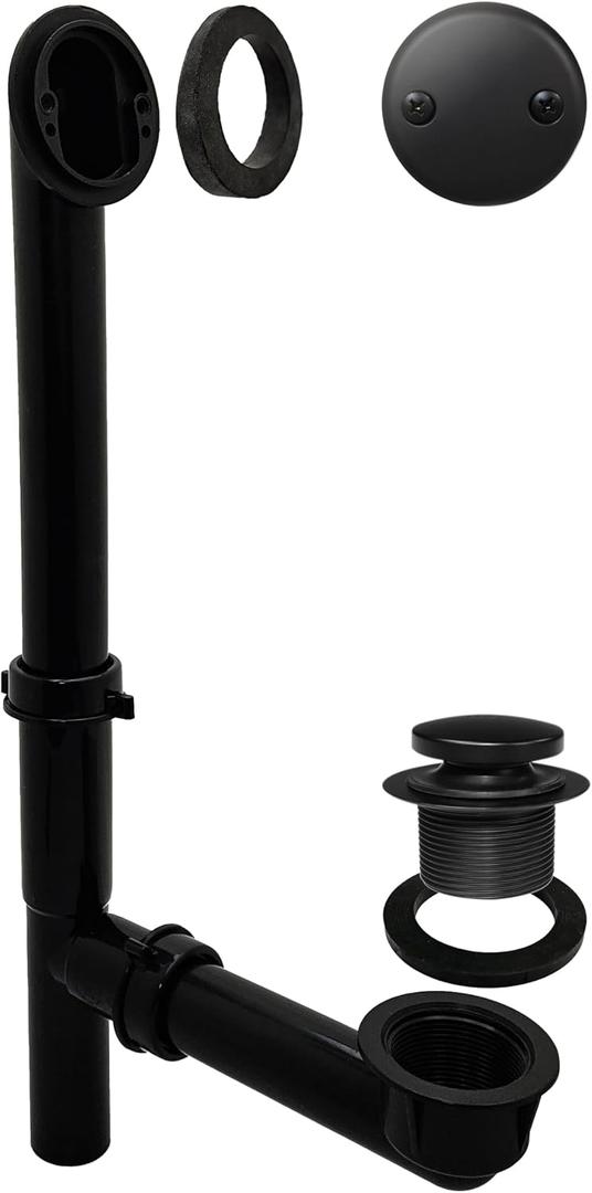 Westbrass 593144-62 14" Black Tubular Bathtub Waste & Overflow Assembly with with Tip-Toe Drain Plug and 2-Hole Faceplate, Matte Black