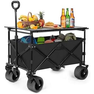 SHINLEYPACK Collapsible Wagon with Table, Large Capacity Foldable Wagons Carts, Beach Wagon with Big Wheels, Heavy Duty Beach Car Utility Wagon for Outdoor Park, Shopping, Sports, Camping, Garden