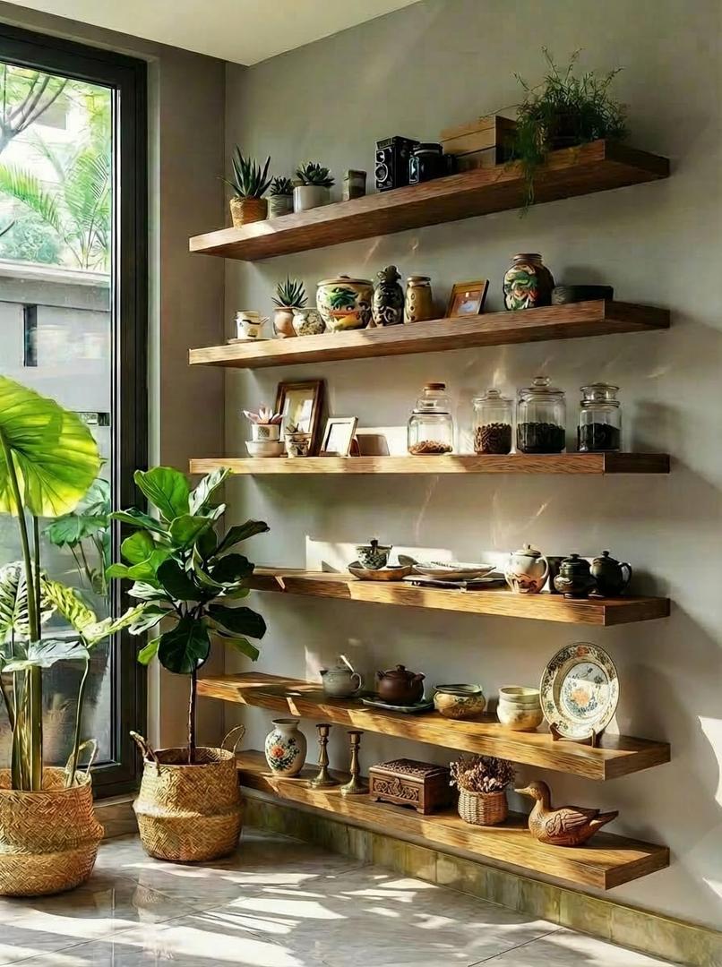 ROGMARS 36 Inches Long Walnut Floating Shelves | Rustic Solid Wood Farmhouse Wall Shelves with Invisible Brackets for Bathroom, Living Room, Bedroom, Kitchen Set of 6