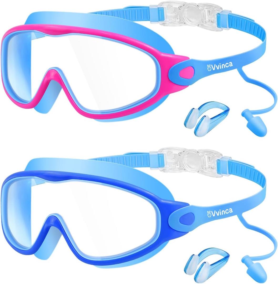 Vvinca Swim Goggles, Kids Goggles with Earplugs& Nose Clip Wide View Anti-Fog/UV Swimming Goggles for Age 3-15 Boys Girls