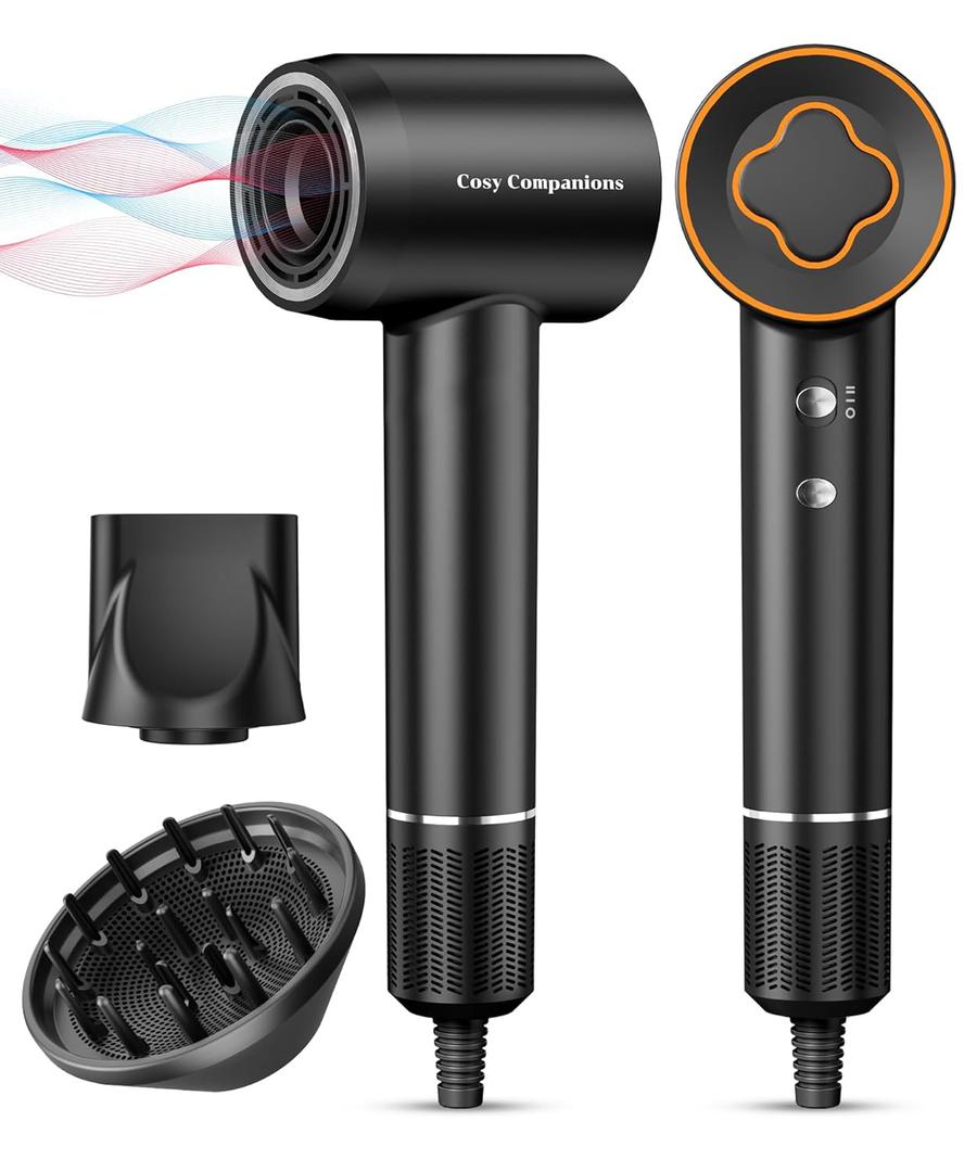 Hair Dryer, 150000 RPM High-Speed Brushless Motor Negative Ionic Blow Dryer for Fast Drying, Low Noise Thermo-Control Hair-Dryer-with-Diffuser and Nozzle (Black)