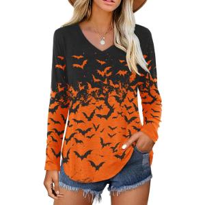 Casual V Neck Shirt for Women Funny Letter Graphic Long Sleeve Tee Holiday Party Family Matching Tops (X-Large, Black-bat02)
