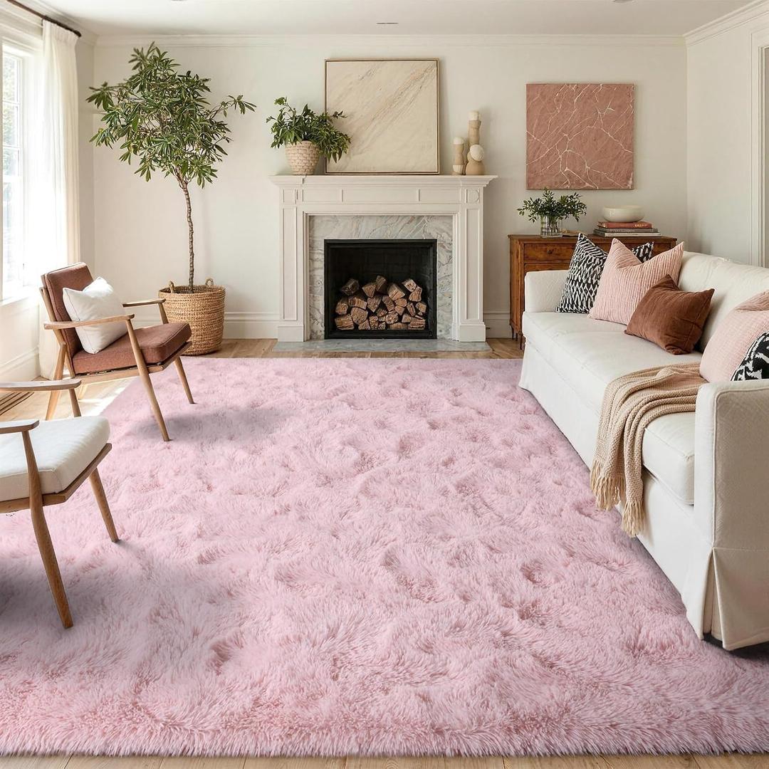 FinRec 6x9 Feet Rugs for Bedroom Living Room, Pink Large Fluffy Shag Area Rug, Non-Slip Fuzzy Furry Rug for Kids Room Girl Dorm Room Home Decor, Indoor Shaggy Floor Carpet