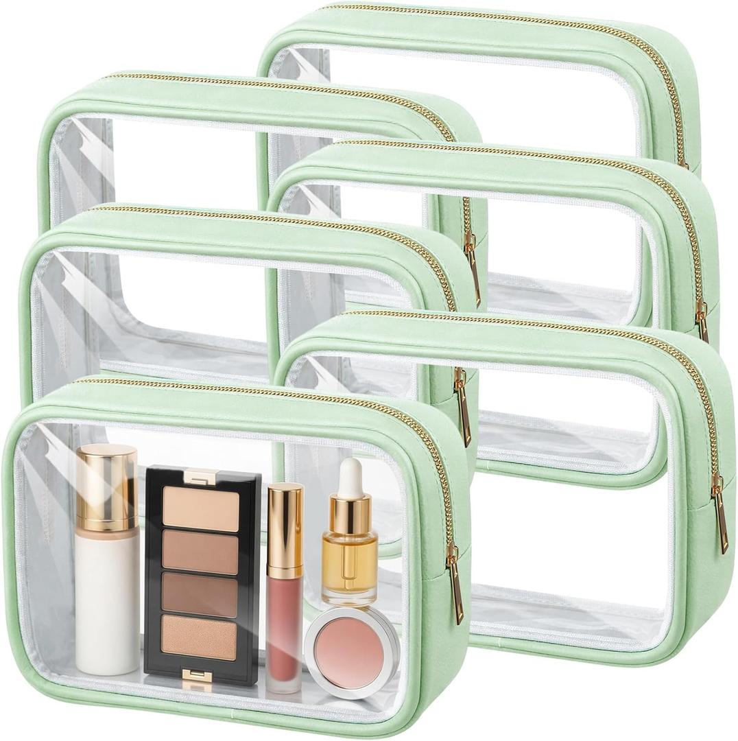 Abbylike 6 Pcs Clear Makeup Bags Bulk PU Leather Cosmetic Pouches Transparent Toiletry Bags with Zipper Waterproof Purse Skincare Car Organizer for Girl Women Travel Gifts(Mint Green)