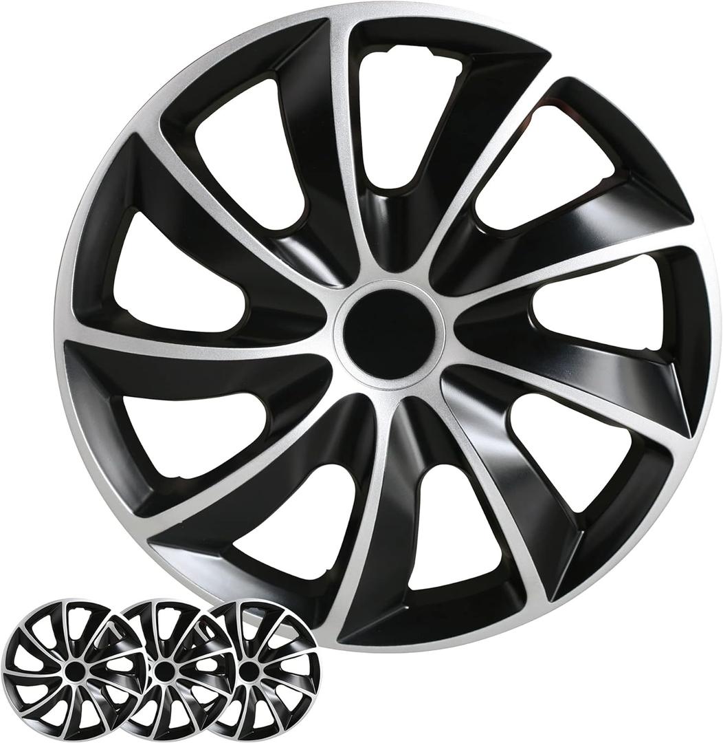 Shirry Group Hubcaps 4-Pack Kit, 17 inch Hub Caps Set of 4 Wheel Covers with Universal Snap-On Retention Rings, 2-Tone ABS Plastic Black and Silver Car Rims for All Models (SG-5084-DP-17)