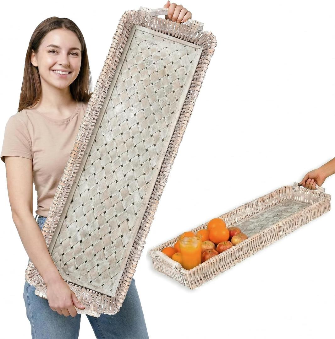 38" Extra Long Handwoven Decorative Tray with Wood Base and Handles
Handwoven decorative tray with a sturdy wood base, perfect for dining tables and seasonal centerpieces