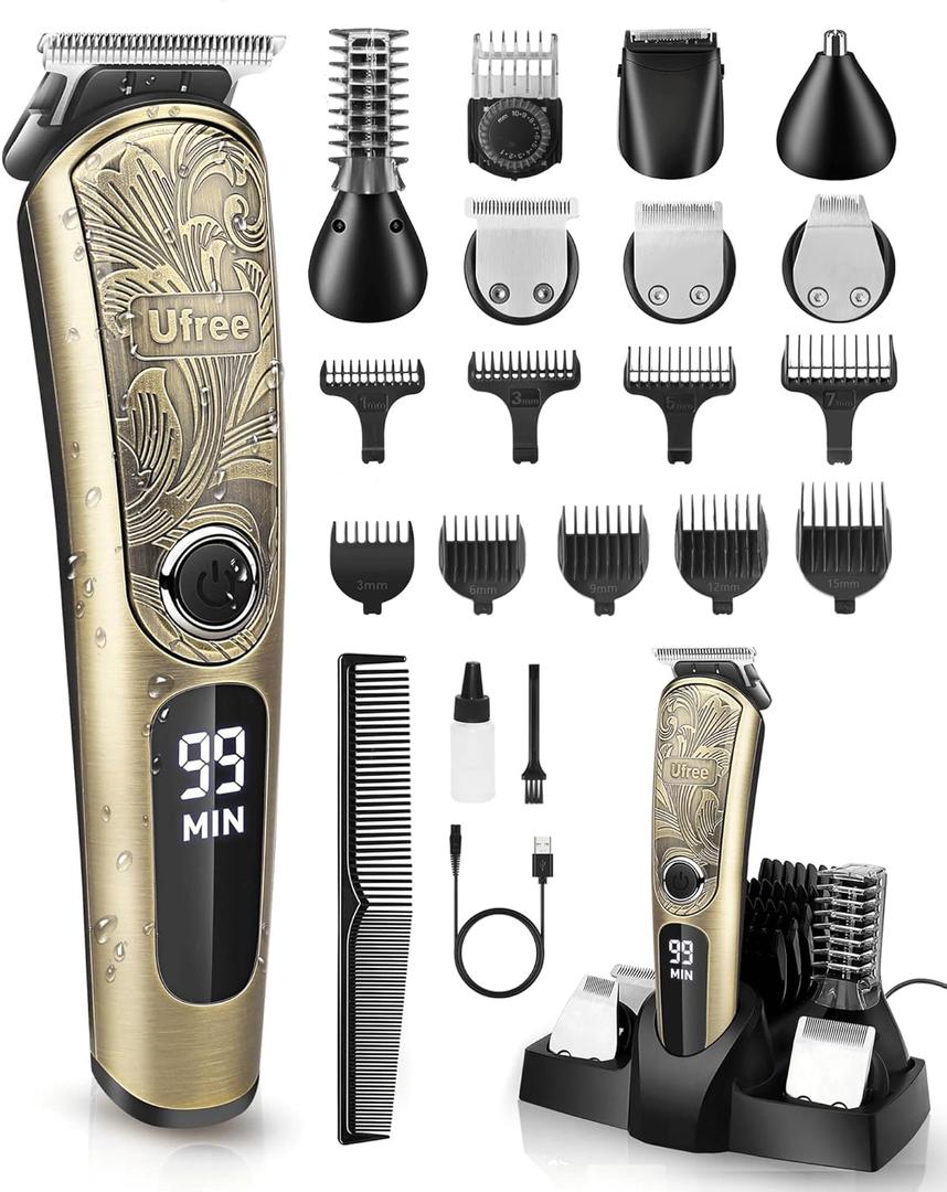 Ufree Gifts for Men, Beard Trimmer with Charging Stand, IPX7 Waterproof Electric Razor Shavers for Men, Clippers for Hair Cutting, Mens Grooming Kit for Mustache Nose Facial Body (Gold)