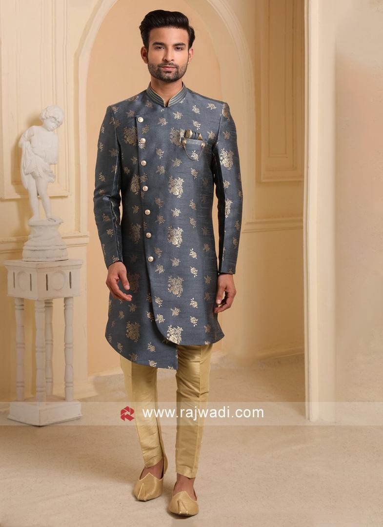 Rajwadi Designer Jacquard Silk Indowestern In Grey Color, Size 38 EU