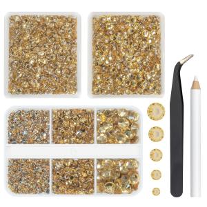qiipii 3 Boxes 5070PCS Champagne Golden Resin Crystal Rhinestones 2mm 3mm 4mm 5mm 6mm Flatback Stones Gems Crystals Diamonds for Nails Face Eyes Makeup Body Tumblers Bottles DIY Crafts Clothes Shoes