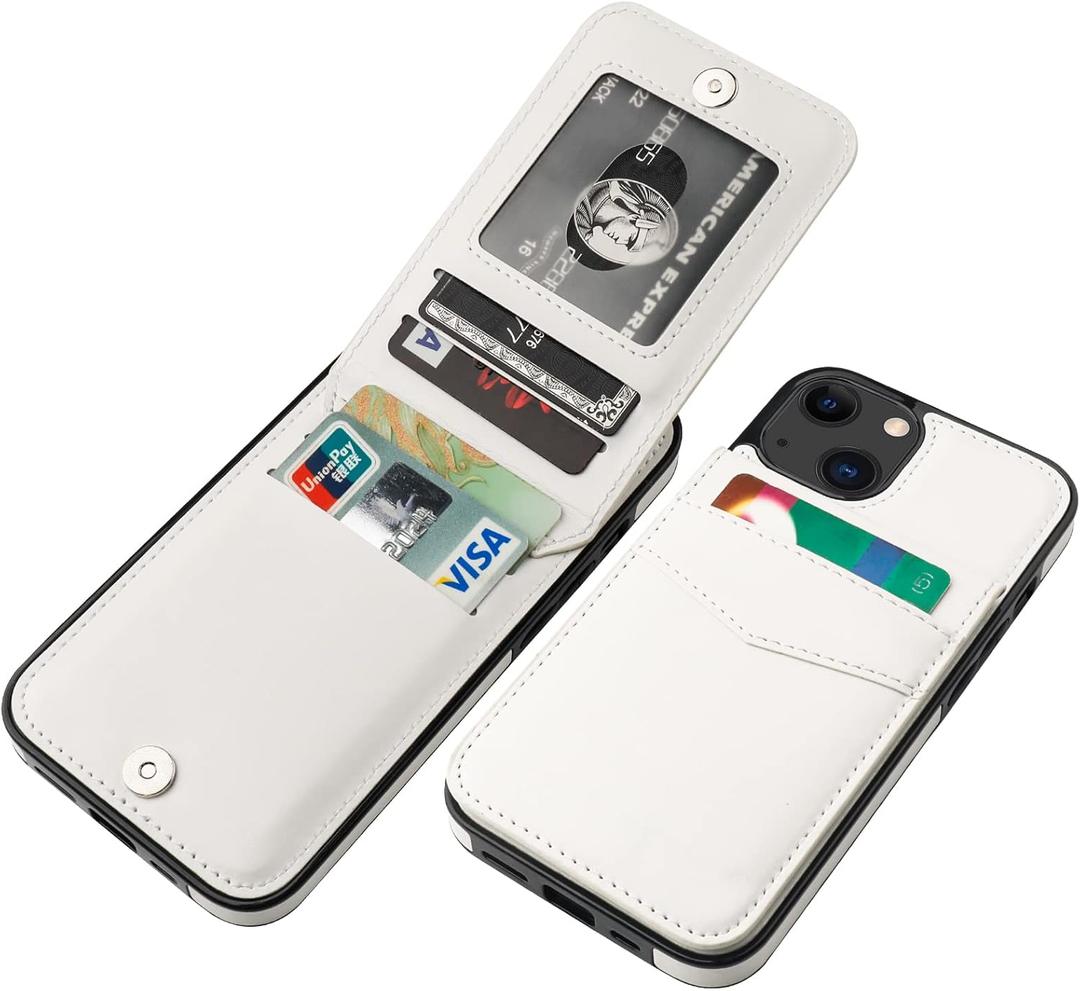 KIHUWEY Compatible with iPhone 13 Case Wallet with Credit Card Holder, Premium Leather Magnetic Clasp Kickstand Heavy Duty Protective Cover for iPhone 13 6.1 inch(White)
