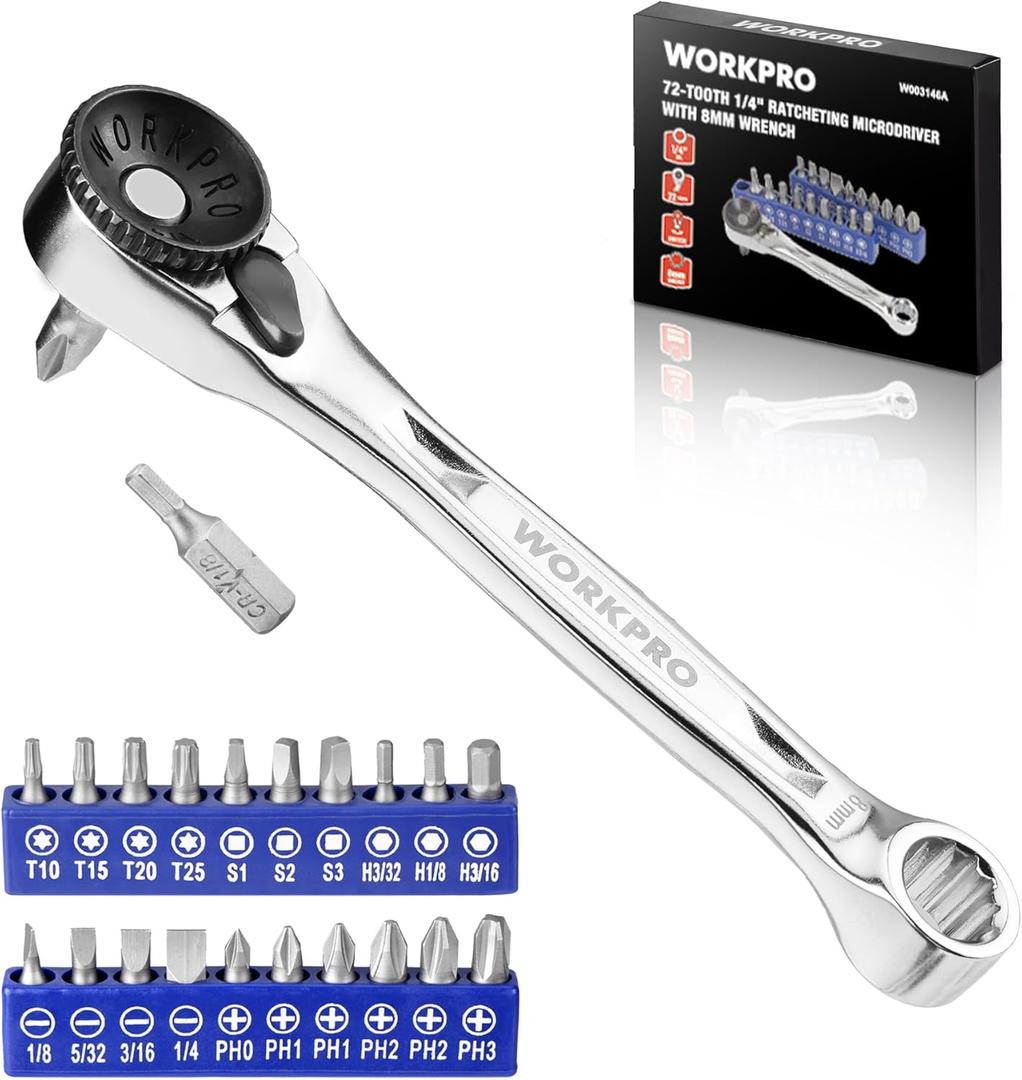 WORKPRO 21 PCS 1/4" Mini Ratchet Wrench, 72-Tooth, Right Angle Screwdriver Mens Gifts, 90 Degree Offset Ratcheting Screwdriver Pocket Mini Low Profile Ratchet Wrench Bit Set for Tight Space