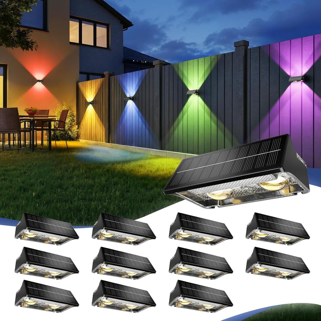 Solar Fence Lights Outdoor,12Pack,Warm White+RGB 9 Colors,1200mAh,Up and Down Fence Lights Solar Powered Waterproof,Solar Wall Lights for Fence,Backyard,PorchBlack