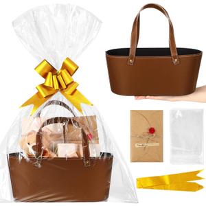 Wonderjune Leather Empty Gift Basket with Gift Bags Ribbons Greeting Cards Large Small Empty Basket Bag with Handle for Mother's Day, Birthday,easter, Housewarming Gift(Brown,Small)