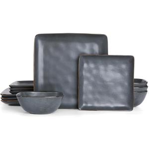 Famiware Dinnerware Sets for 4, Ocean Square 12-Piece Kitchen Plates and Bowls Sets, Microwave and Dishwasher Safe, Scratch Resistant, Matte Black