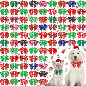 Maitys 80 Pcs Christmas Collars for Dogs, Christmas Dog Bow Winter Bows for Dogs Xmas Tree Bow tie Dog Adjustable Collar Grooming Hair Bows for Xmas Holiday Pet Accessories