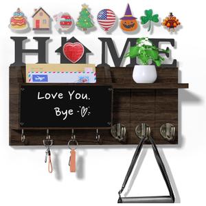 Key Holder Wall Mount Decorative - Hanging Mail Organizer for Wall with Message Center - Wood Key Shelf Rack with 7 Hooks for Dog Leash Wallet - Rustic Keys Hanger for Entryway Home Decor Brown