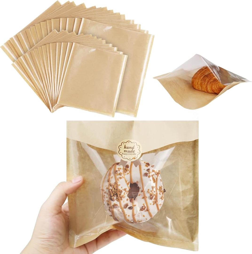 Bakery Bags Visible Dessert Bags with Window, Greaseproof Heat Seal Kraft Paper, Suitable Baked Goods Packaging for Donuts, Bakery Snacks, Sandwiches, Sandies, Cookies (S-100PCS + L-100PCS, Brown)