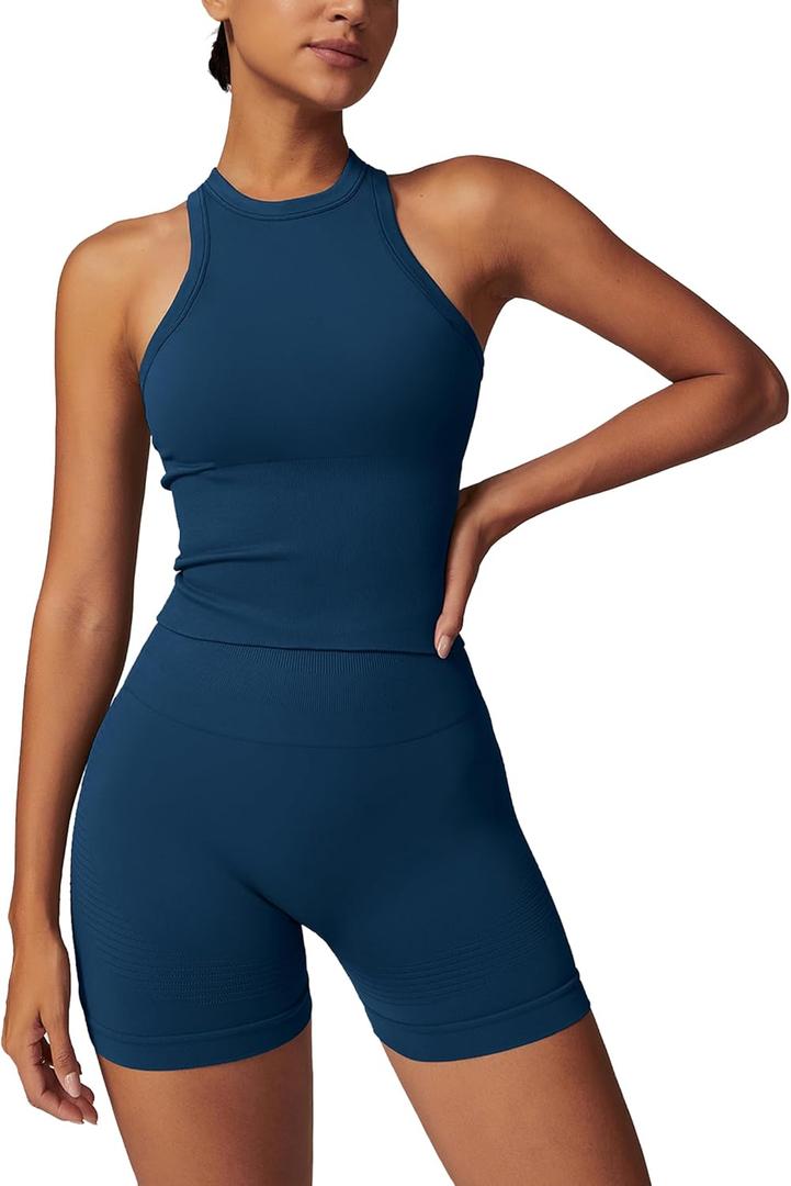 ABOCIW Workout Sets for Women 2 Piece Seamless Ribbed Tank Top Sport Bra High Waist Biker Shorts GYM Yoga Exercise Outfits (Medium, Tank Navy Blue)