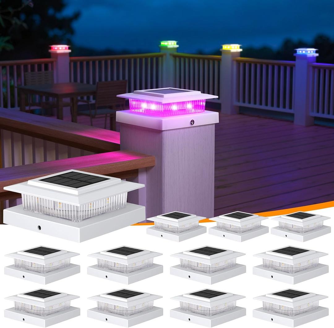 APONUO 12 Pack Solar Post Cap Lights Color Changing - 8 Solid Colors & Flowing Multicolor, IP65 Waterproof for 4x4 Wood/Vinyl Posts, Auto On/Off Deck Fence Patio Garden Lighting, White