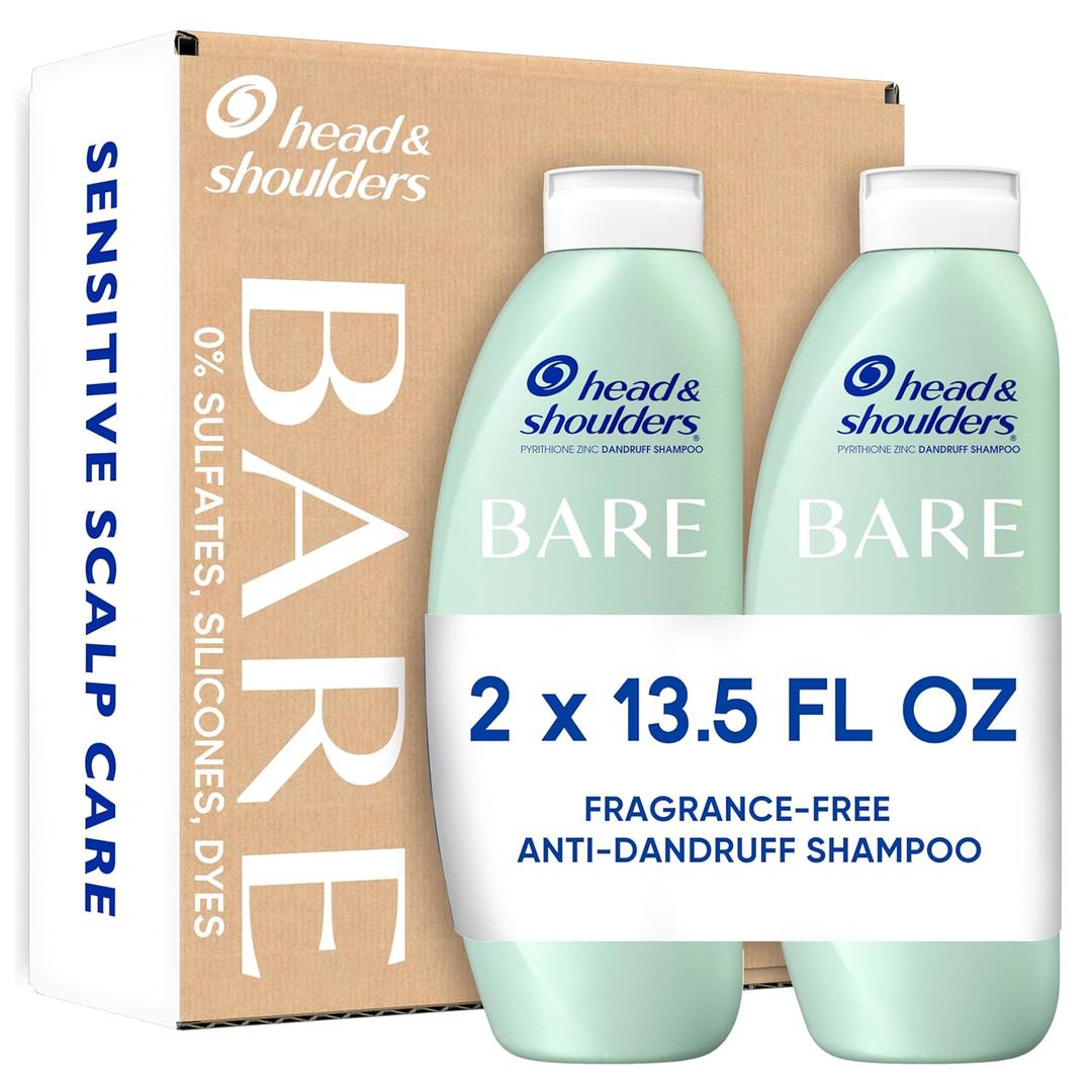 Head & Shoulders Anti-Dandruff Shampoo, BARE Sensitive Scalp Care Twin Pack, with 1% Pyrithione Zinc, Fragrance-Free, Free of Sulfates, Silicones, Gentle, 13.5 fl oz Each