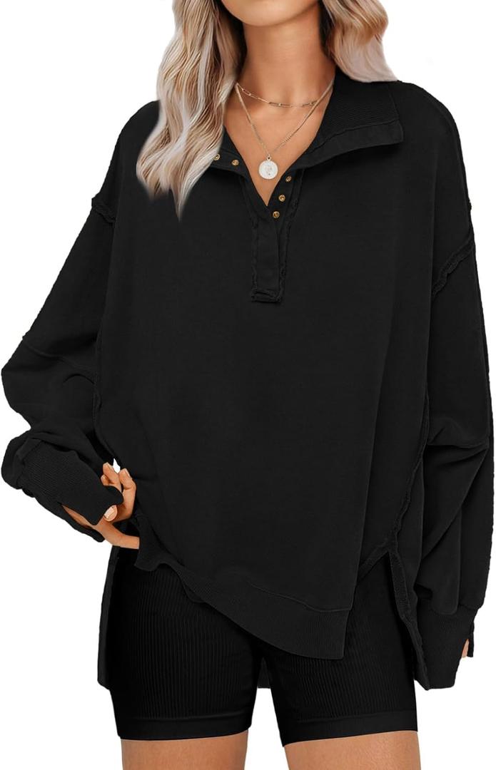 SHEWIN Womens Reverse Seam Snap-Button Henley Sweatshirt Casual Loose High Low Split Pullover Tops (Black)