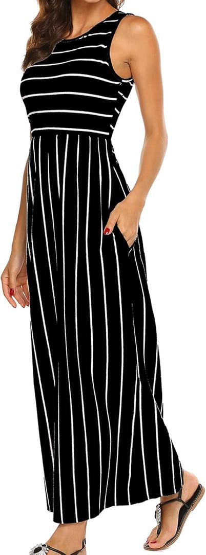 Hount Women's Summer Sleeveless Striped Flowy Casual Long Maxi Dress with Pockets (Large, Black)