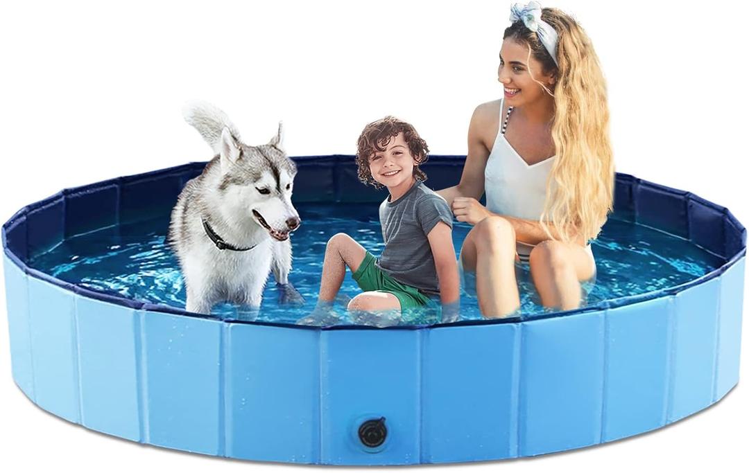 Jasonwell Foldable Dog Pool Collapsible Hard Plastic Dog Swimming Pool Portable Kiddie Pool Pet Pool Doggie Wading Pool Bath Tub for Puppy Small Medium Large Dogs Cats and Kids 79" (Plastic Board Blue)