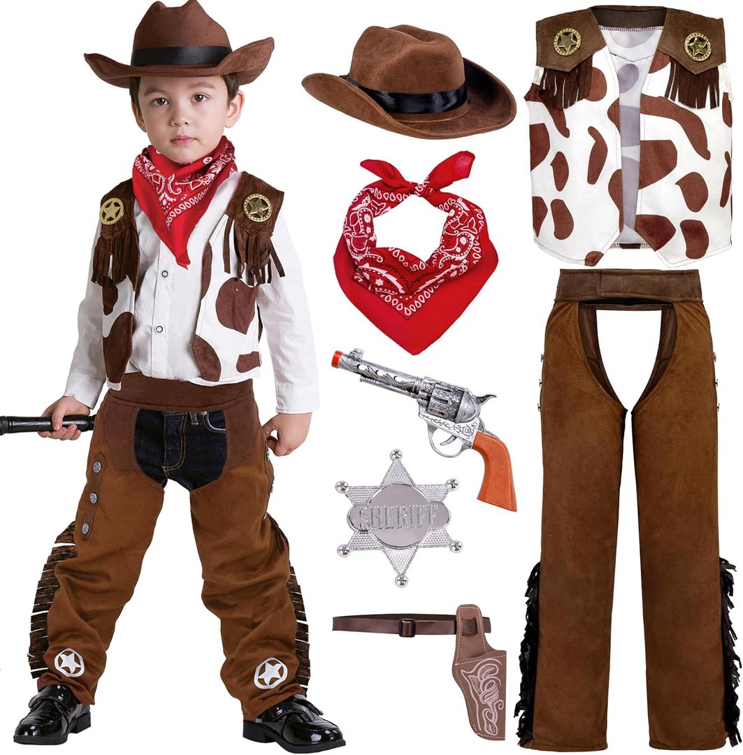 Spooktacular Creations Halloween Cowboy Hat Costume for Boys, Kids White Brown Western Costume, Deluxe Cowboy Outfit Set for Toddler Halloween RolePlay Themed Party (Medium, 8-10 yrs)