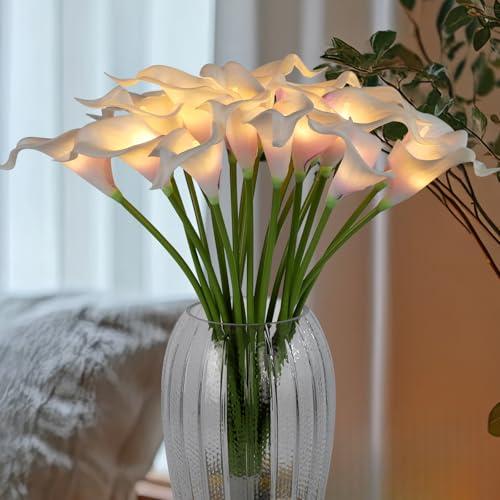 LED Lighted Artificial Flowers Calla Lily Bouquet Lamp 20 stems Real Touch Calla Faux Flower Lights for Valentine's Day Gift and Easter Home Kitchen Wedding Dining Table Decor(Whitepurple, No Vase)