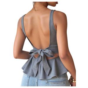 Verdusa Women's Bow Tie Backless Dressy Tops Ruffle Peplum Tank Tops Summer Elegant Outfits Grey Medium (Gray)