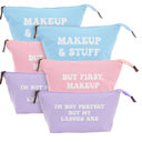 6 Pack Small Cosmetic Canvas Makeup Bags for Women with Zipper, 3 Colors and Designs (8 x 4 x 6 In)