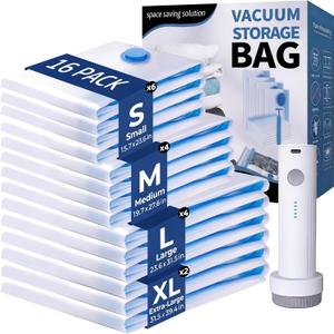 16 Pack Travel Vacuum Bags with Wireless Electric Pump, Suitcase Compression Bags for Clothes, Reusable Vacuum Storage Bags, Space Saver Luggage Organizer