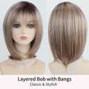 RENERSHOW Layered Blonde Bob Wigs for White Women with Bangs Straight Short Hair Wig Synthetic Ombre Blonde Highlight Bobo Haircuts 12inch Average Size Natural Daily Party Wig