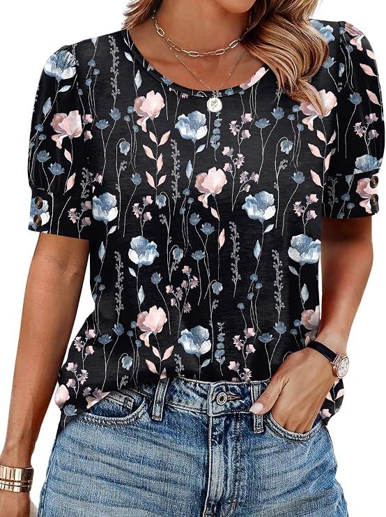 OFEEFAN Womens Tops Short Sleeve Shirts with Buttons Spring Fashion Blouses Dressy Casual Plus Size Summer Outfits, Size Large