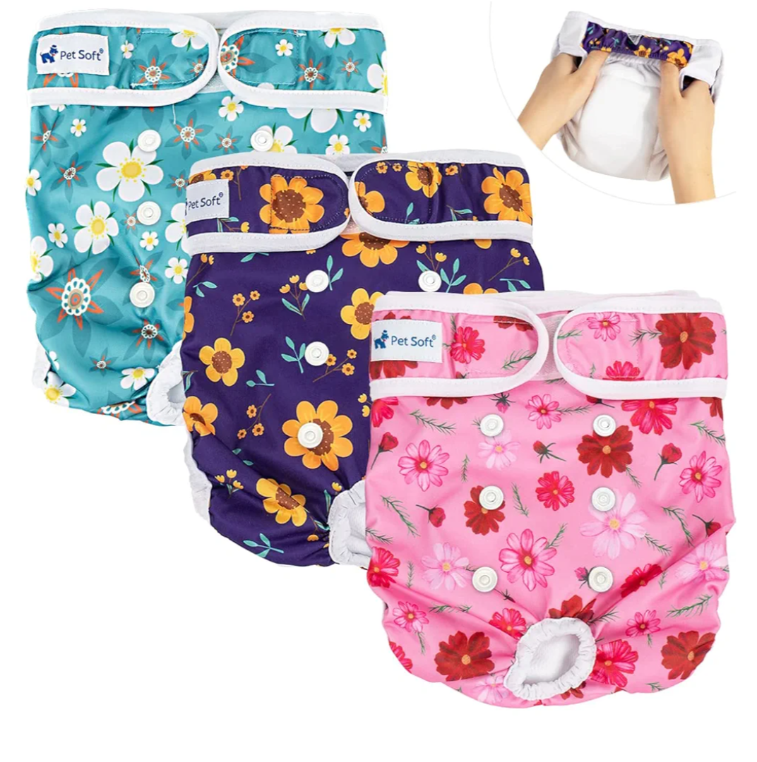 Pet Soft Washable Female Diapers (3 Pack) Female Dog Diapers, Comfort Reusable Doggy Diapers for Girl Dog in Period Heat (Cute Flower, S)