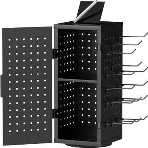Alyoen Rotating Pegboard Display Stand With 24 Hooks - Metal Spinning Peg Board Organizer Accessories with Magnetic Door Design, Magnet Display Stand for Keychain, Jewelry, EarringBlack