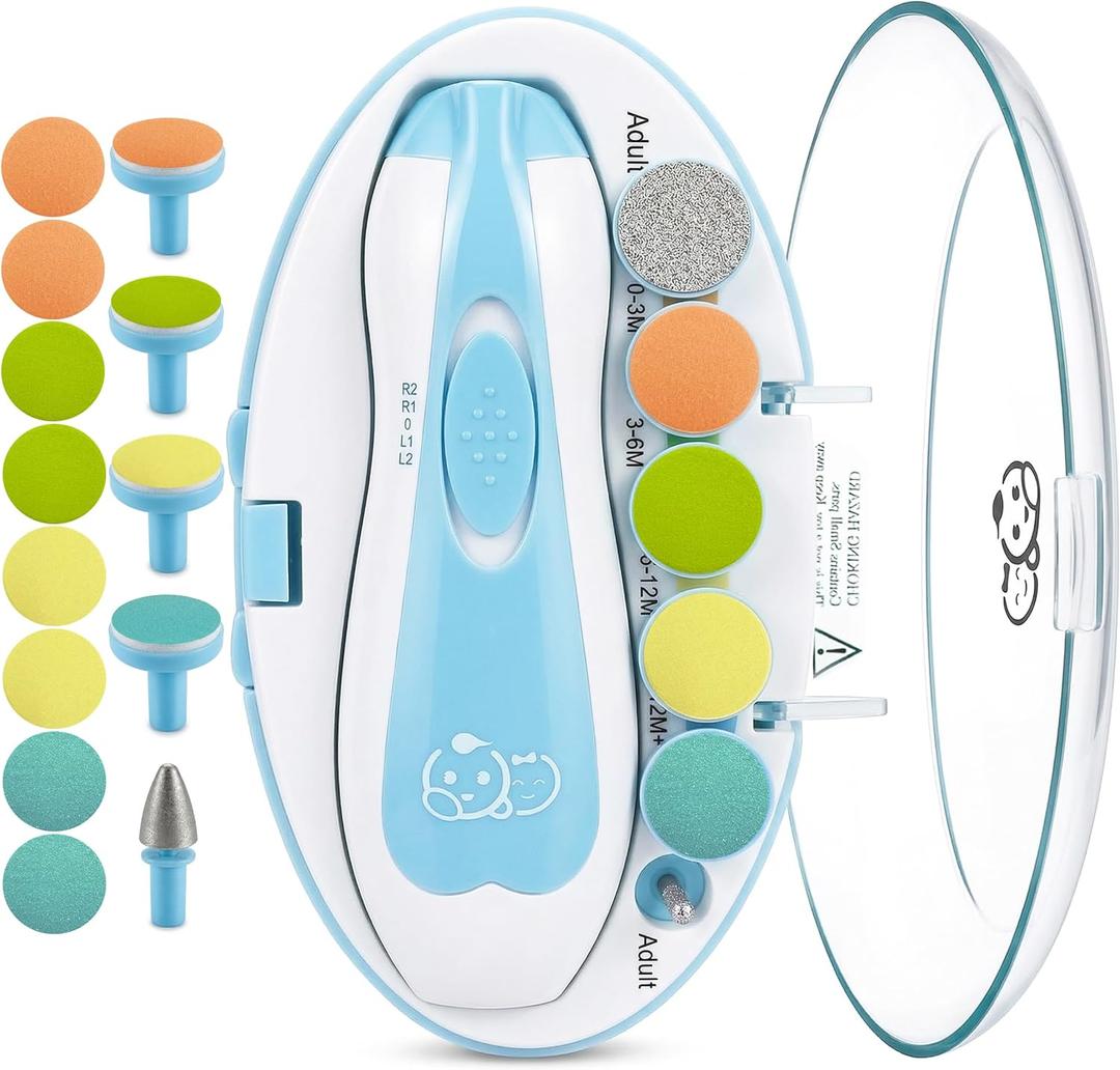Royal Angels Upgraded 21 in 1 Baby Nail Trimmer with Labeled Case, 13 Extra Replacement Pads, Safe Electric Baby Nail File Kit for Newborns & Toddlers, Whisper Quiet Nail Clipper with LED Light (Blue) (21 Piece Set)