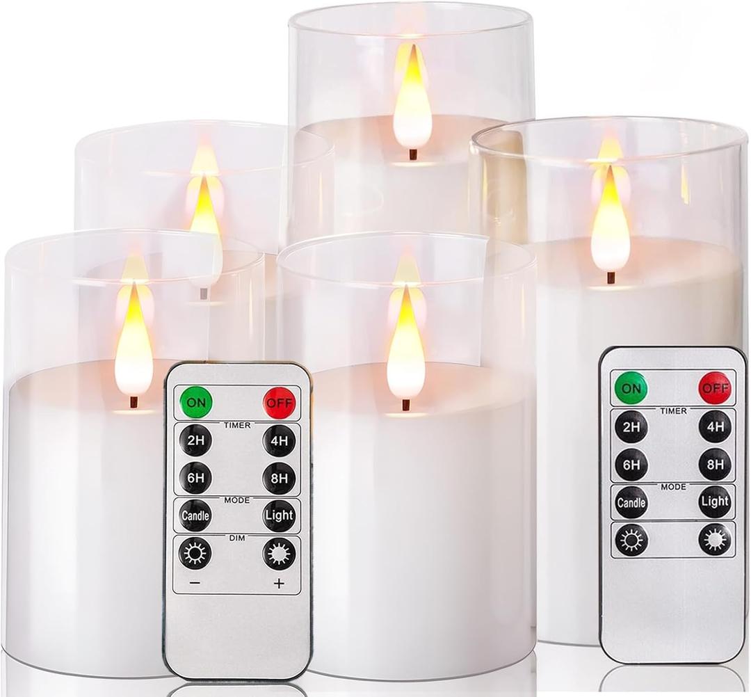 NICEME Pure White Flickering Flameless Candles, Battery Operated Acrylic LED Pillar Candles with Remote Control and Timer, Set of 5 (Ivory + Clear Acrylic)