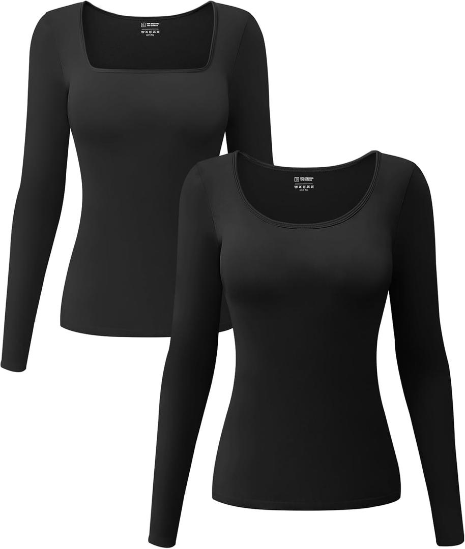 EUYZOU Long Sleeve Shapewear for Women Tummy Control Tops Square Neck Thermal Shirts Body Shaper Compression Top (Black, L)
