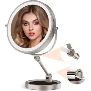 Rocollos Tabletop Makeup Mirror with Built-in Vanity Tray, 9" Rechargeable Lighted Vanity Mirror 1X/10X Magnification, 4000mAh, Height-Adjustable Arm, 3 Color Dimmable  No Drilling Needed (Nickel)
