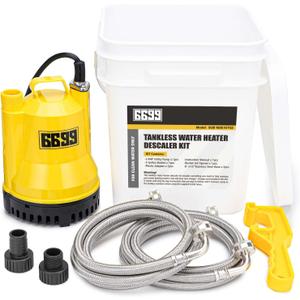 Tankless Water Heater Flush Kit Includes 1/4HP Sump Pump with Two Adapters & 3 Gallons Pail with Bucket Lid Opener & Two 1/2 Dia X 6 Hoses with Washers