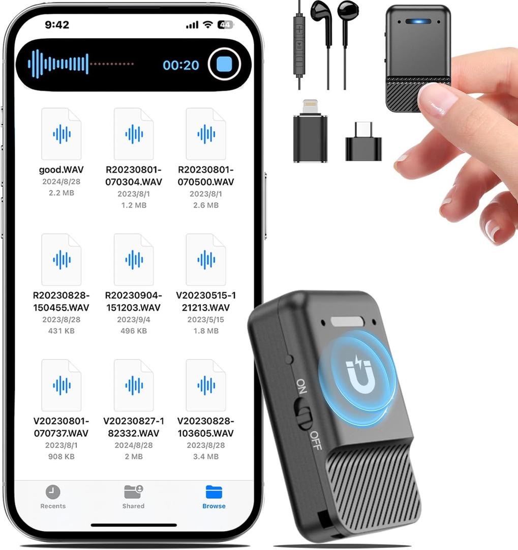 Magnetic Voice Recorder,64GB Audio Recorder,Digital Voice Recorder with Al-Triple Noise Cancellation,Voice Activated Recorder with Playback,Mini Recording Device for Lectures,Meetings,Interviews
