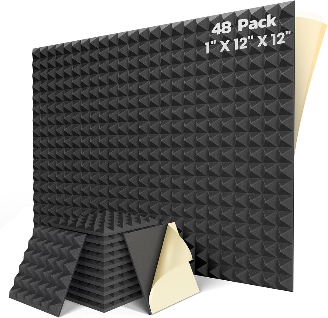 48 Pack Sound Proof Foam Panels for Walls with Self Adhesive, 12" X 12" X 1" High Density Acoustic Panels Sound Absorbing, Pyramid Design Soundproof Wall Panels for Studio and Home - Black